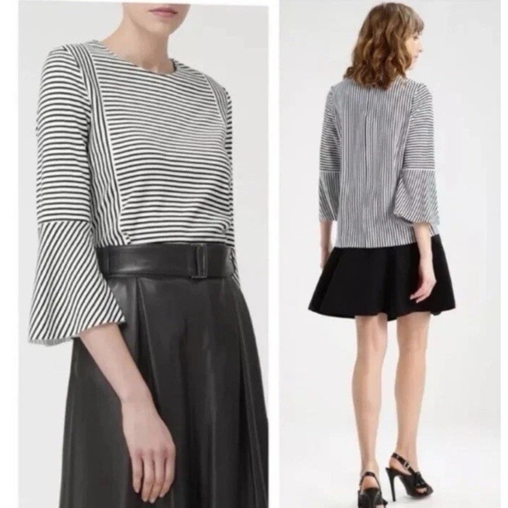 LK Bennett Leonie Stripe Fluted Top Black White Bell Sleeve Blouse Mixed Small
